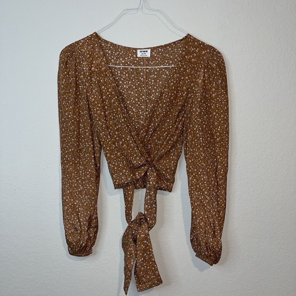 Cotton On size XS long sleeve puff sleeves wrap Top ditsy floral brown
